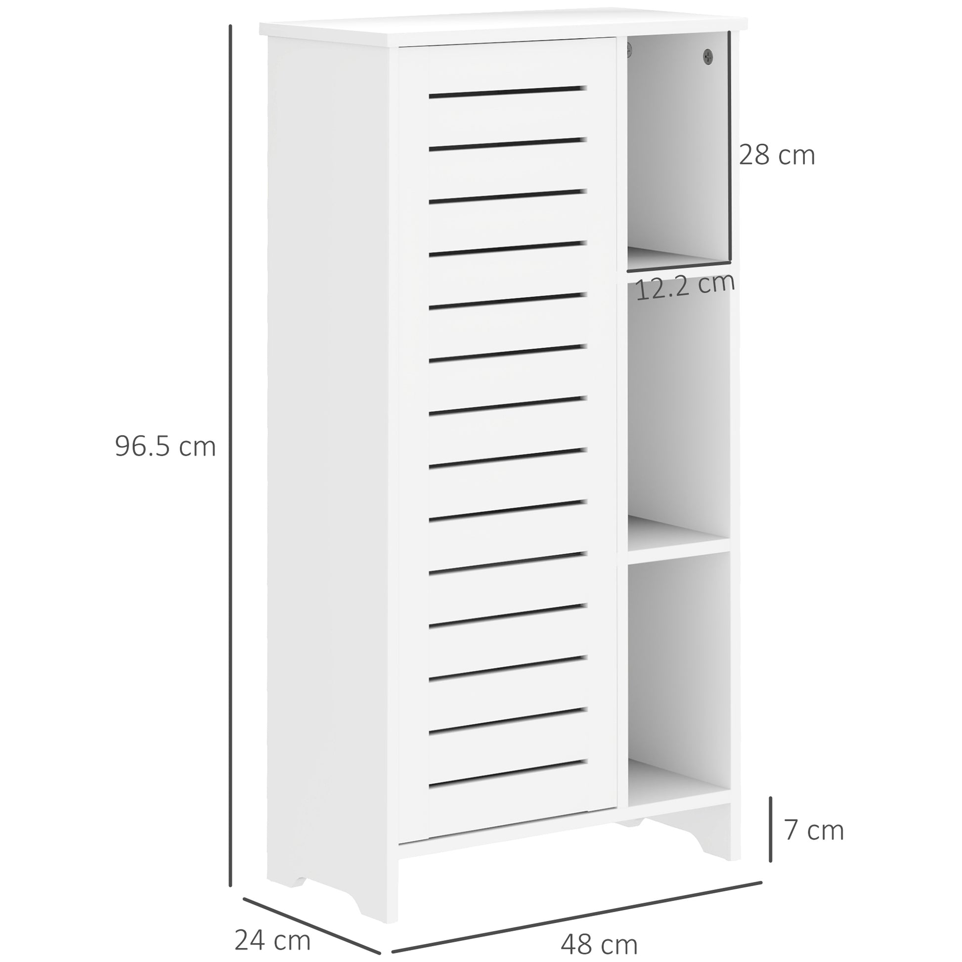 Bathroom Cabinet with 3 Closed Levels and 3 Open Shelves, Space-Saving White Wood Bathroom Cabinet with Door, Bathroom Cabinet, 48x24x96.5 cm, White