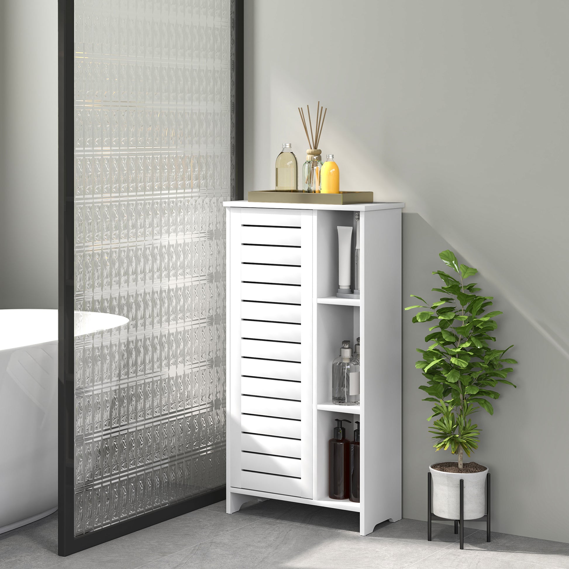 Bathroom Cabinet with 3 Closed Levels and 3 Open Shelves, Space-Saving White Wood Bathroom Cabinet with Door, Bathroom Cabinet, 48x24x96.5 cm, White