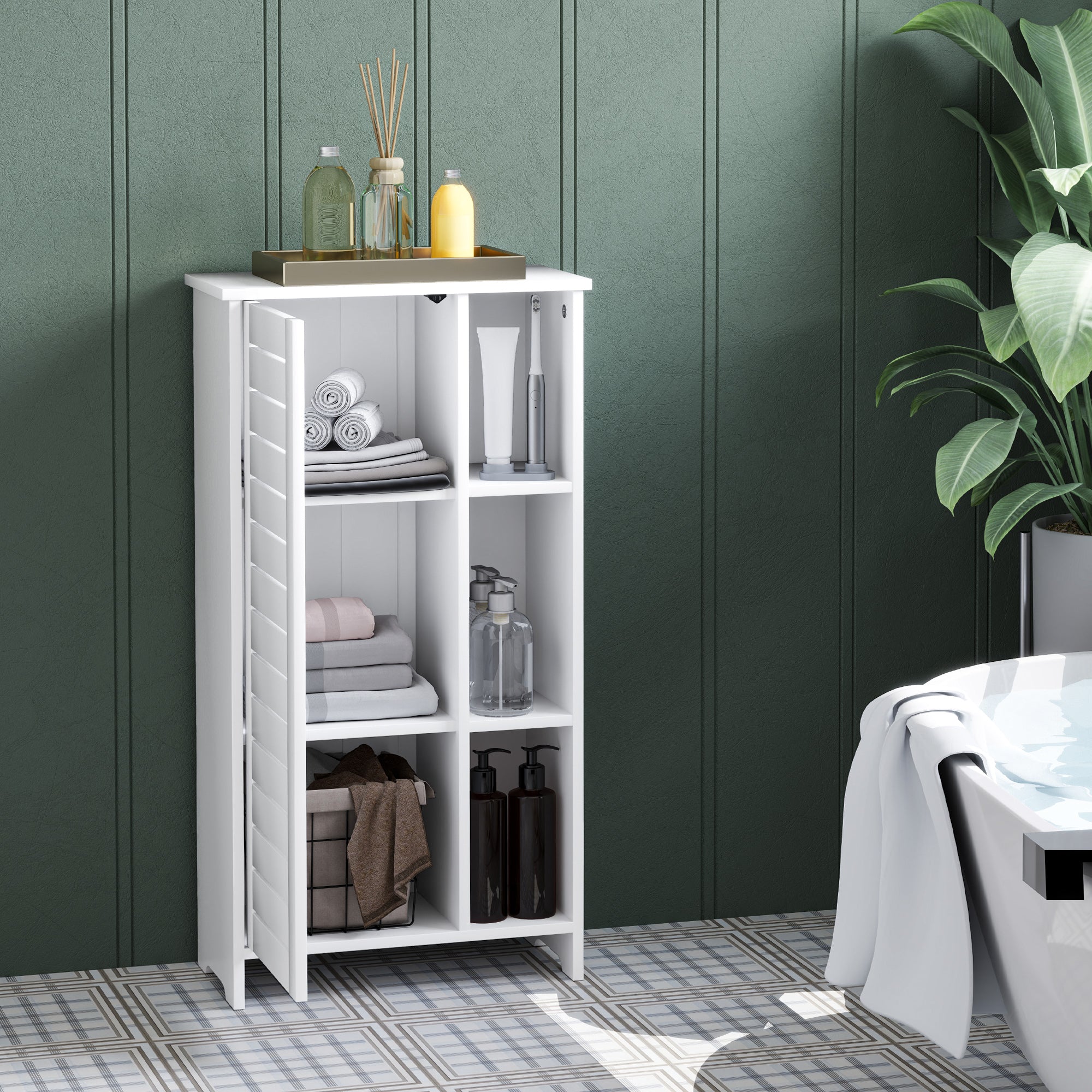 Bathroom Cabinet with 3 Closed Levels and 3 Open Shelves, Space-Saving White Wood Bathroom Cabinet with Door, Bathroom Cabinet, 48x24x96.5 cm, White
