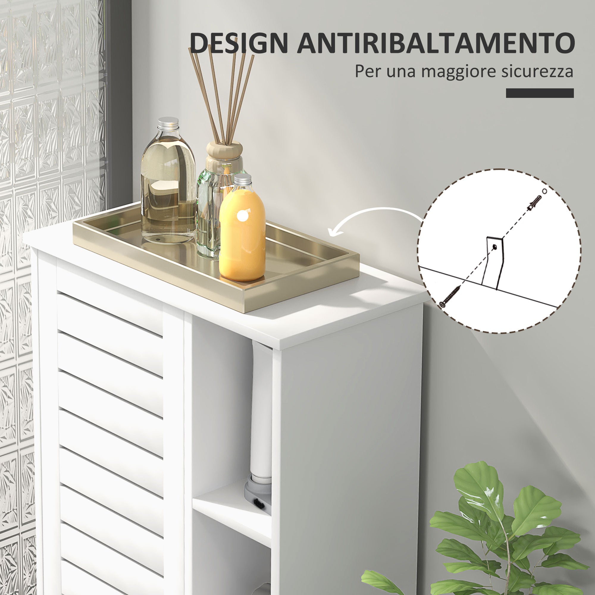 Bathroom Cabinet with 3 Closed Levels and 3 Open Shelves, Space-Saving White Wood Bathroom Cabinet with Door, Bathroom Cabinet, 48x24x96.5 cm, White