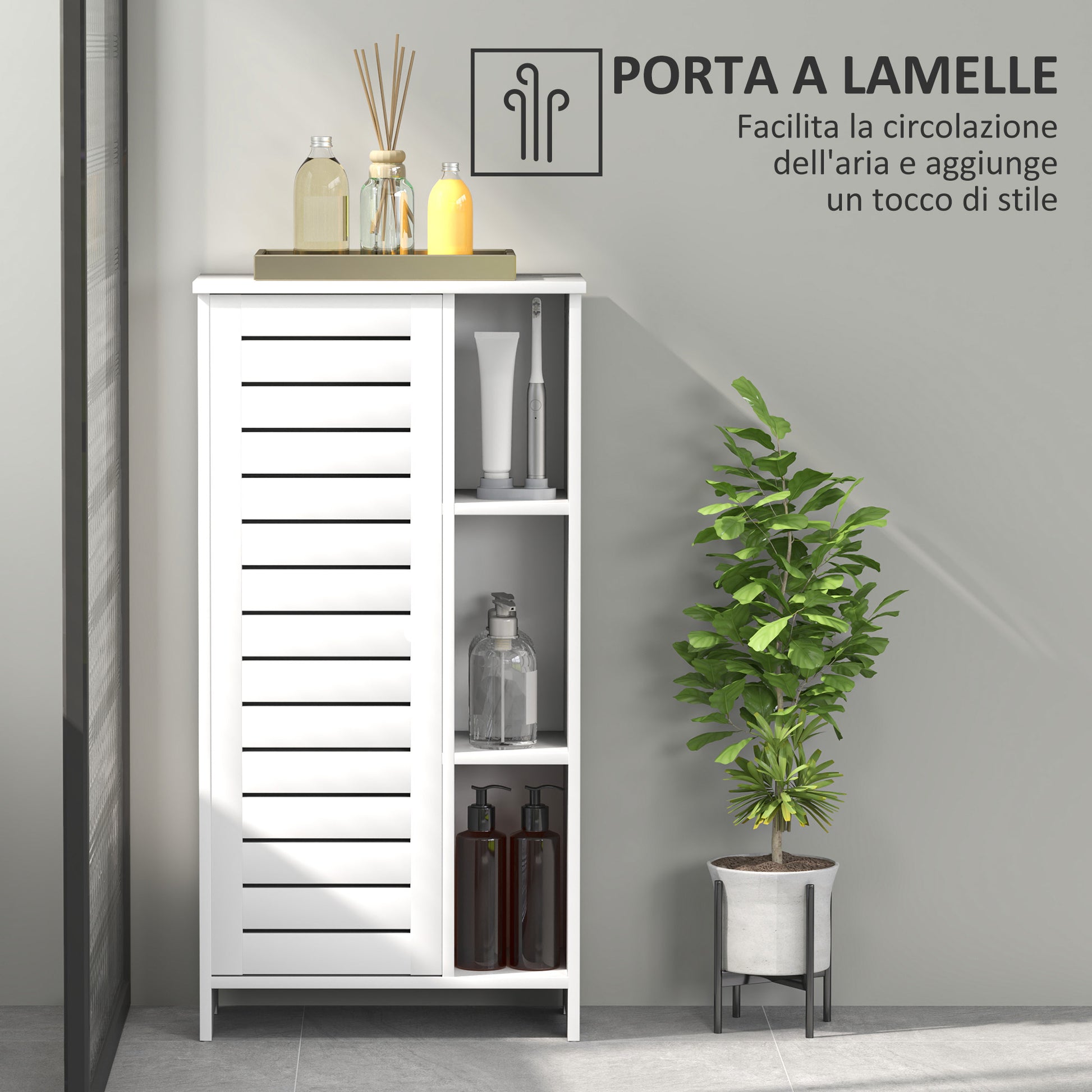 Bathroom Cabinet with 3 Closed Levels and 3 Open Shelves, Space-Saving White Wood Bathroom Cabinet with Door, Bathroom Cabinet, 48x24x96.5 cm, White
