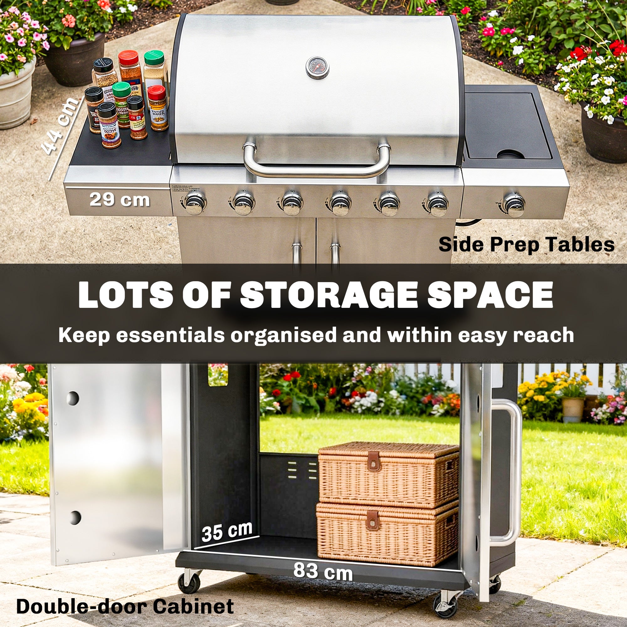 18.6 kW 6+1-Burner Stainless Steel Gas Grill Cart — Side Burner, Thermometer, Cast-Iron Grates, Warming Rack & Cabinet