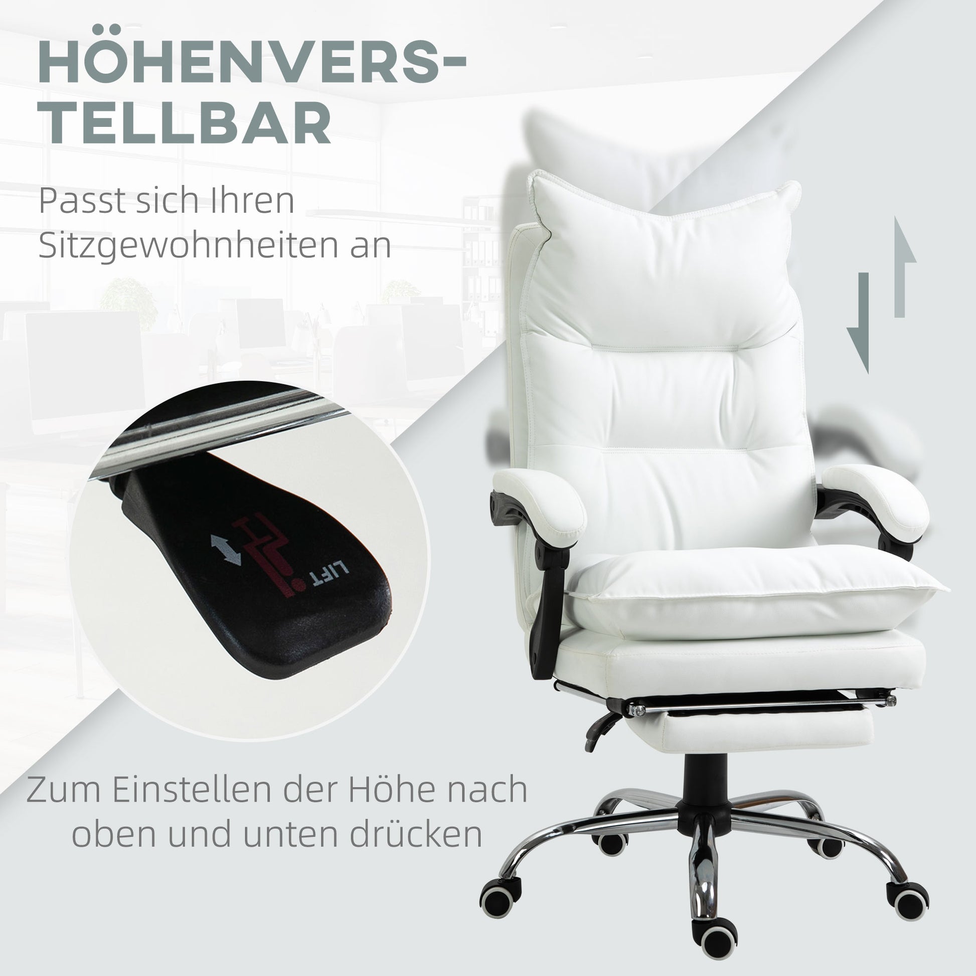 Office Chair with Recline Function, Ergonomic Desk Chair, Height Adjustable Swivel Chair with Footrest, Padded, Up to 135 kg Capacity, for Office, Study Room, White