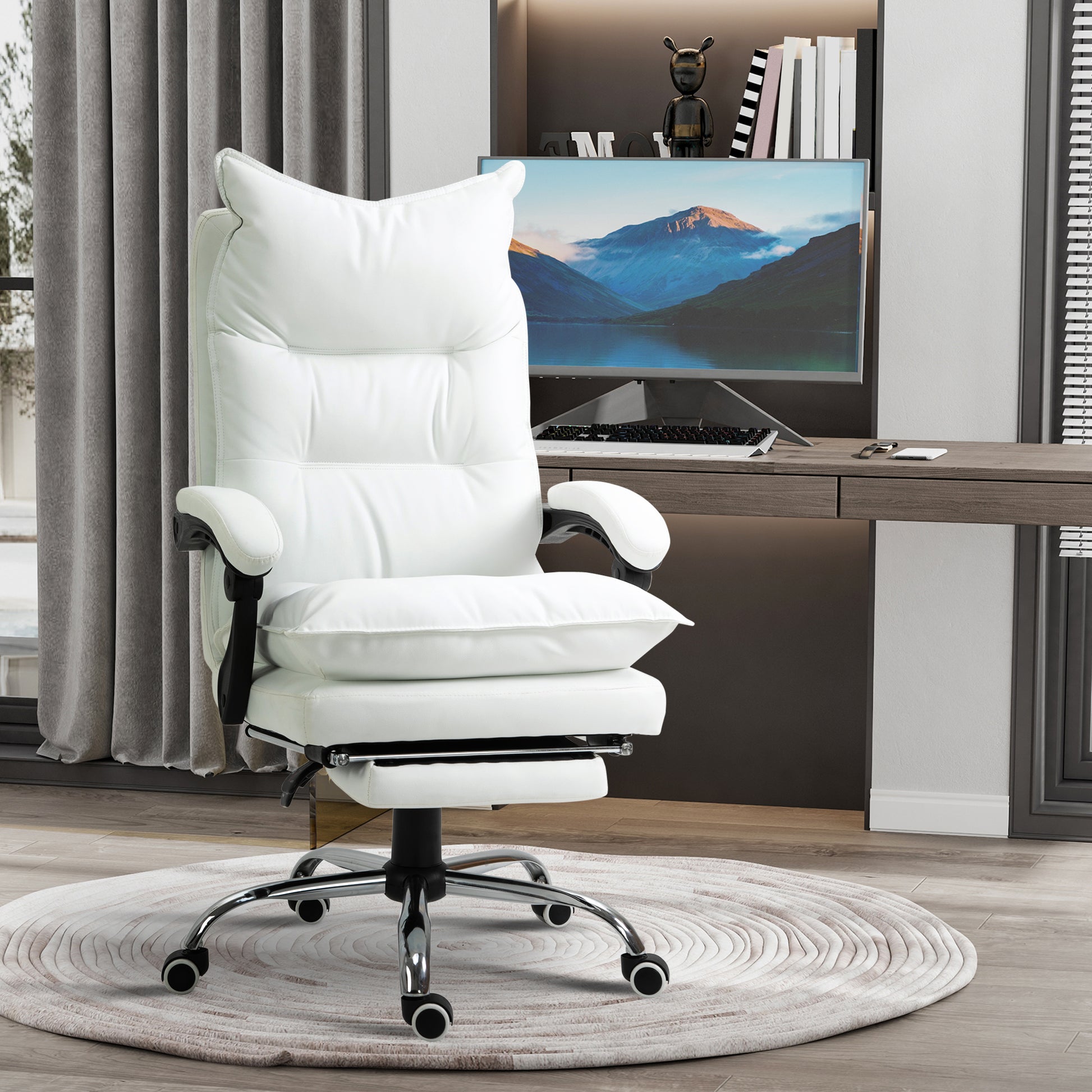 Office Chair with Recline Function, Ergonomic Desk Chair, Height Adjustable Swivel Chair with Footrest, Padded, Up to 135 kg Capacity, for Office, Study Room, White