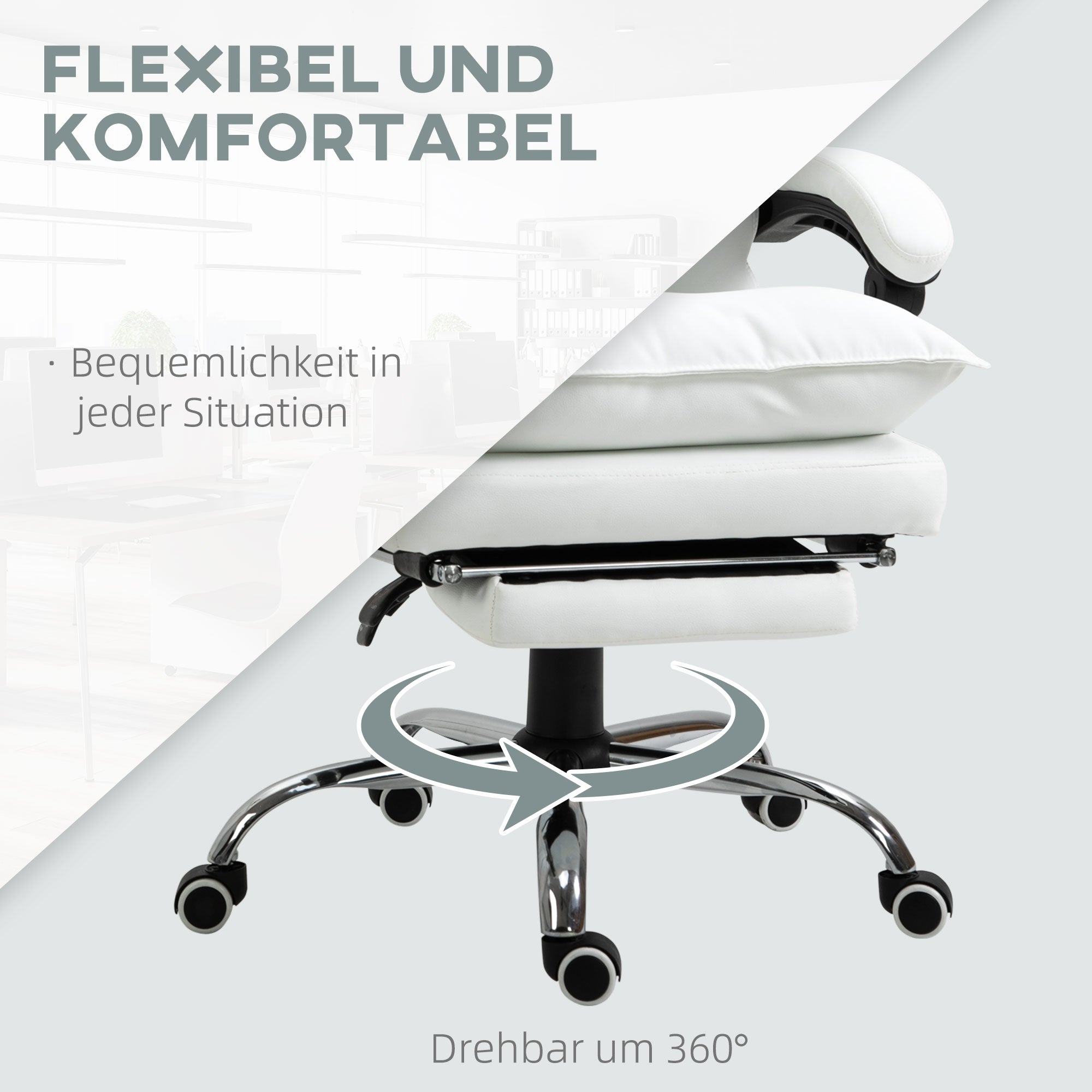 Office Chair with Recline Function, Ergonomic Desk Chair, Height Adjustable Swivel Chair with Footrest, Padded, Up to 135 kg Capacity, for Office, Study Room, White