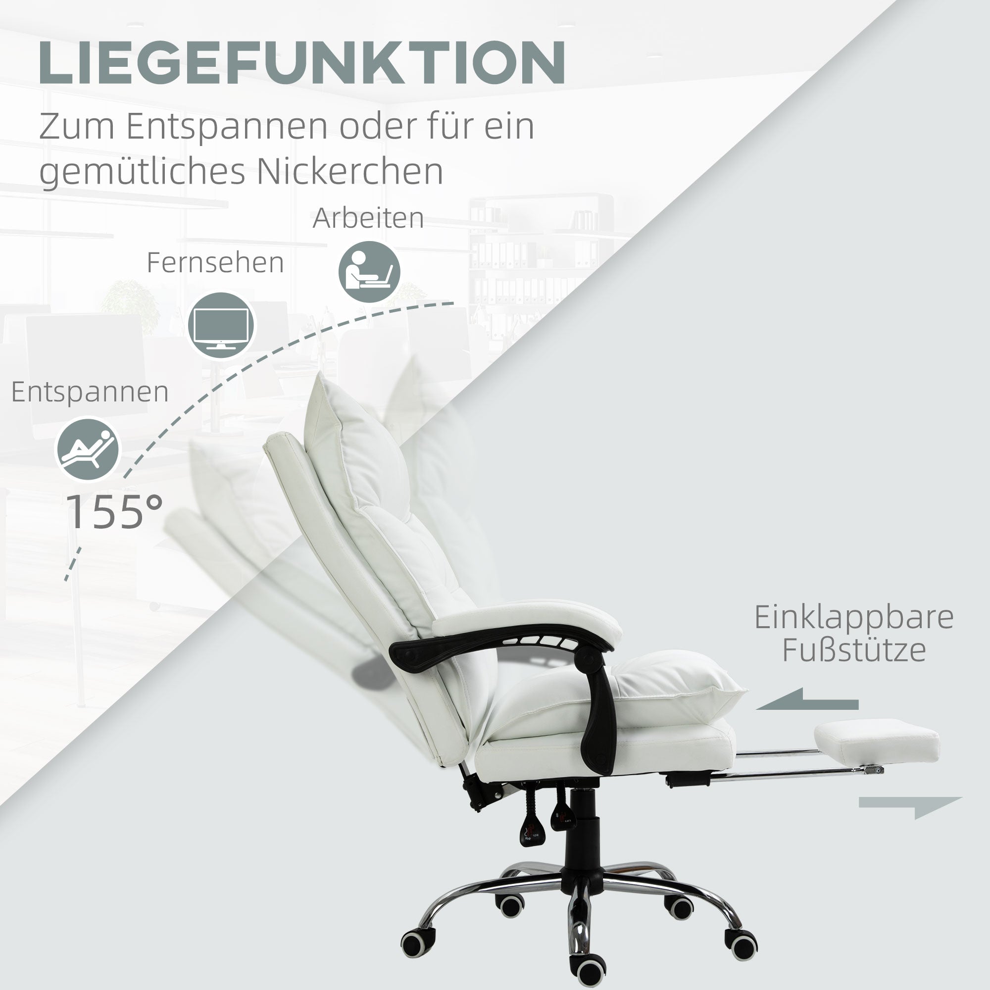 Office Chair with Recline Function, Ergonomic Desk Chair, Height Adjustable Swivel Chair with Footrest, Padded, Up to 135 kg Capacity, for Office, Study Room, White