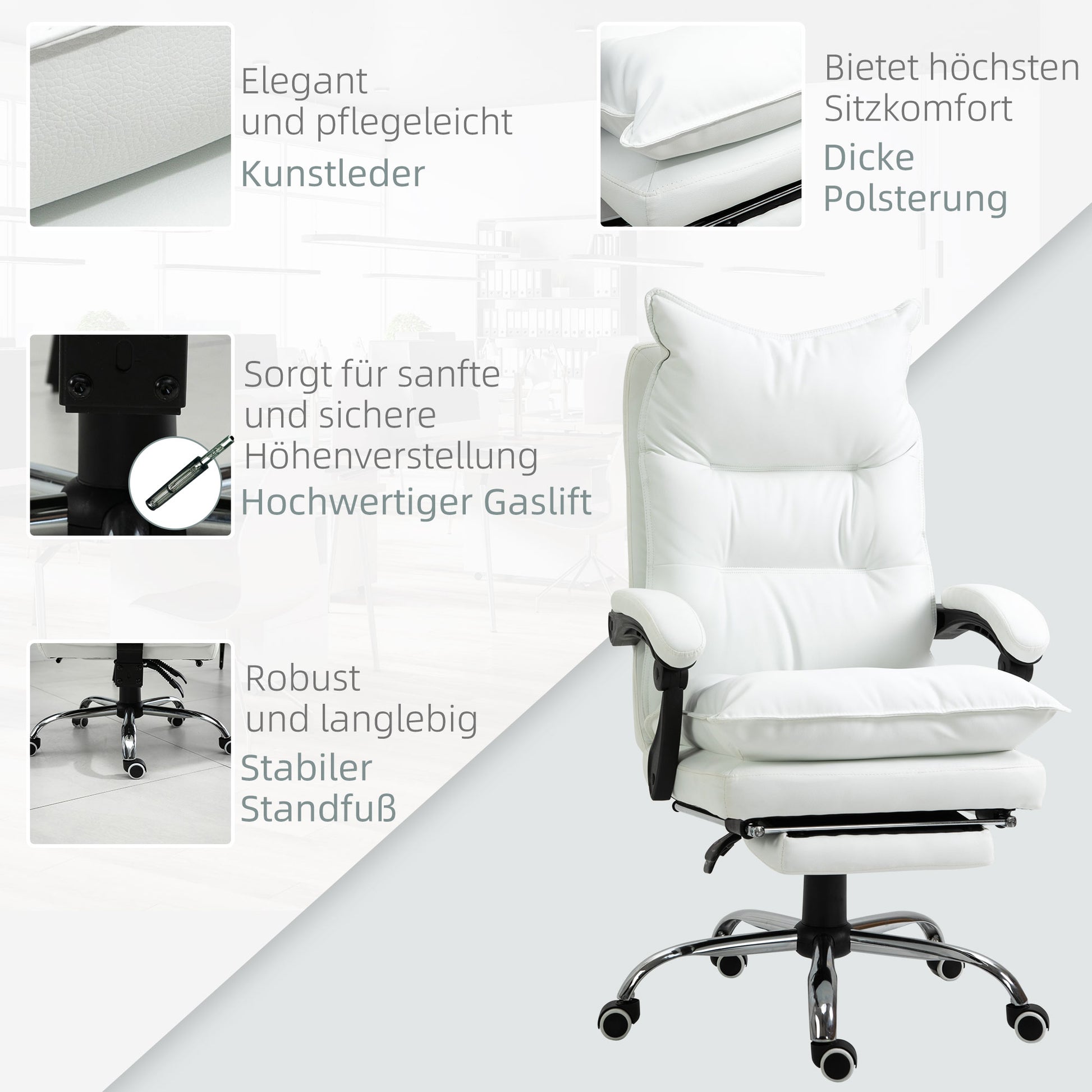 Office Chair with Recline Function, Ergonomic Desk Chair, Height Adjustable Swivel Chair with Footrest, Padded, Up to 135 kg Capacity, for Office, Study Room, White