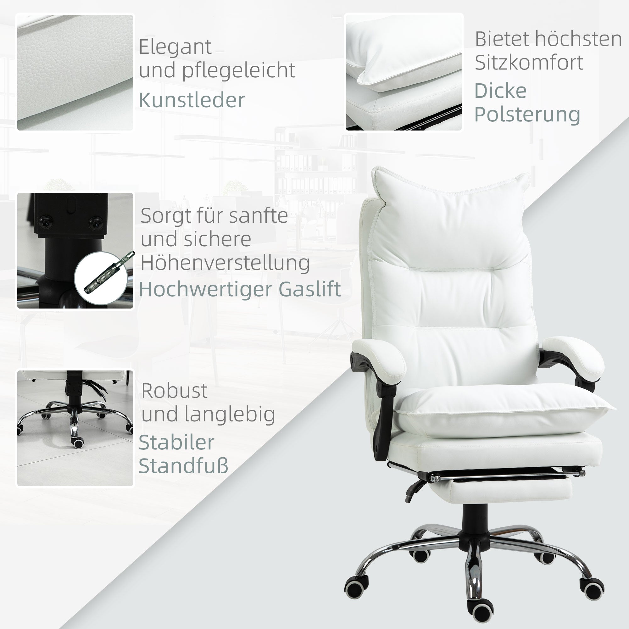 Office Chair with Recline Function, Ergonomic Desk Chair, Height Adjustable Swivel Chair with Footrest, Padded, Up to 135 kg Capacity, for Office, Study Room, White