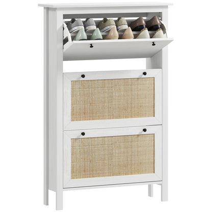 Entryway Shoe Storage Cabinet with 3 Drawers, Cane Rattan Effect Foldable Doors, Adjustable Shelf, Entrance and Hallway Shoe Organizer for 18 Pairs - 80 x 23.5 x 121.5 cm White