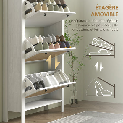 Entryway Shoe Storage Cabinet with 3 Drawers, Cane Rattan Effect Foldable Doors, Adjustable Shelf, Entrance and Hallway Shoe Organizer for 18 Pairs - 80 x 23.5 x 121.5 cm White