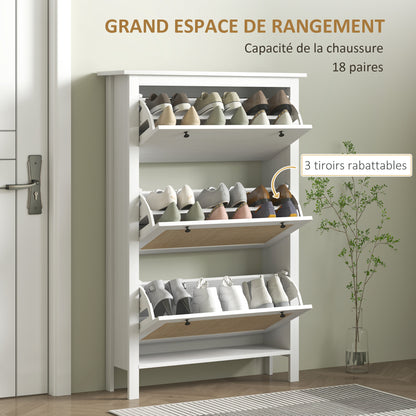 Entryway Shoe Storage Cabinet with 3 Drawers, Cane Rattan Effect Foldable Doors, Adjustable Shelf, Entrance and Hallway Shoe Organizer for 18 Pairs - 80 x 23.5 x 121.5 cm White