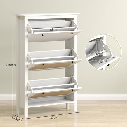 Entryway Shoe Storage Cabinet with 3 Drawers, Cane Rattan Effect Foldable Doors, Adjustable Shelf, Entrance and Hallway Shoe Organizer for 18 Pairs - 80 x 23.5 x 121.5 cm White