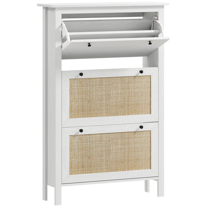 Entryway Shoe Storage Cabinet with 3 Drawers, Cane Rattan Effect Foldable Doors, Adjustable Shelf, Entrance and Hallway Shoe Organizer for 18 Pairs - 80 x 23.5 x 121.5 cm White