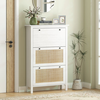 Entryway Shoe Storage Cabinet with 3 Drawers, Cane Rattan Effect Foldable Doors, Adjustable Shelf, Entrance and Hallway Shoe Organizer for 18 Pairs - 80 x 23.5 x 121.5 cm White