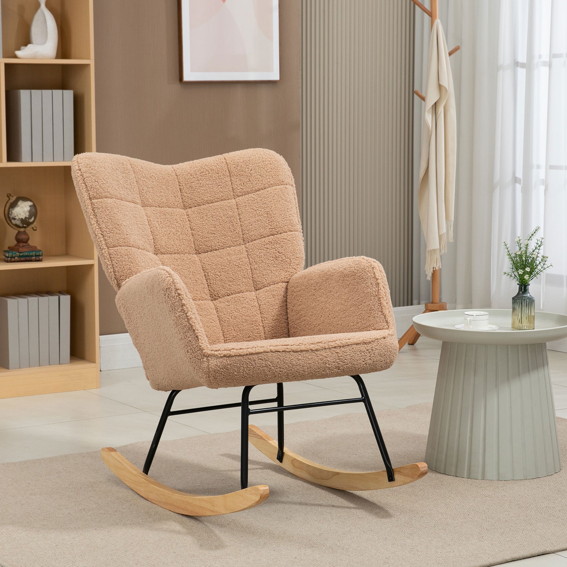 Rocking Chair, Rocking Armchair with Berber Fleece Look, Armrest, Padded Chair with Wooden Rockers, Recliner for Living Room, Bedroom, up to 120kg Capacity, Brown