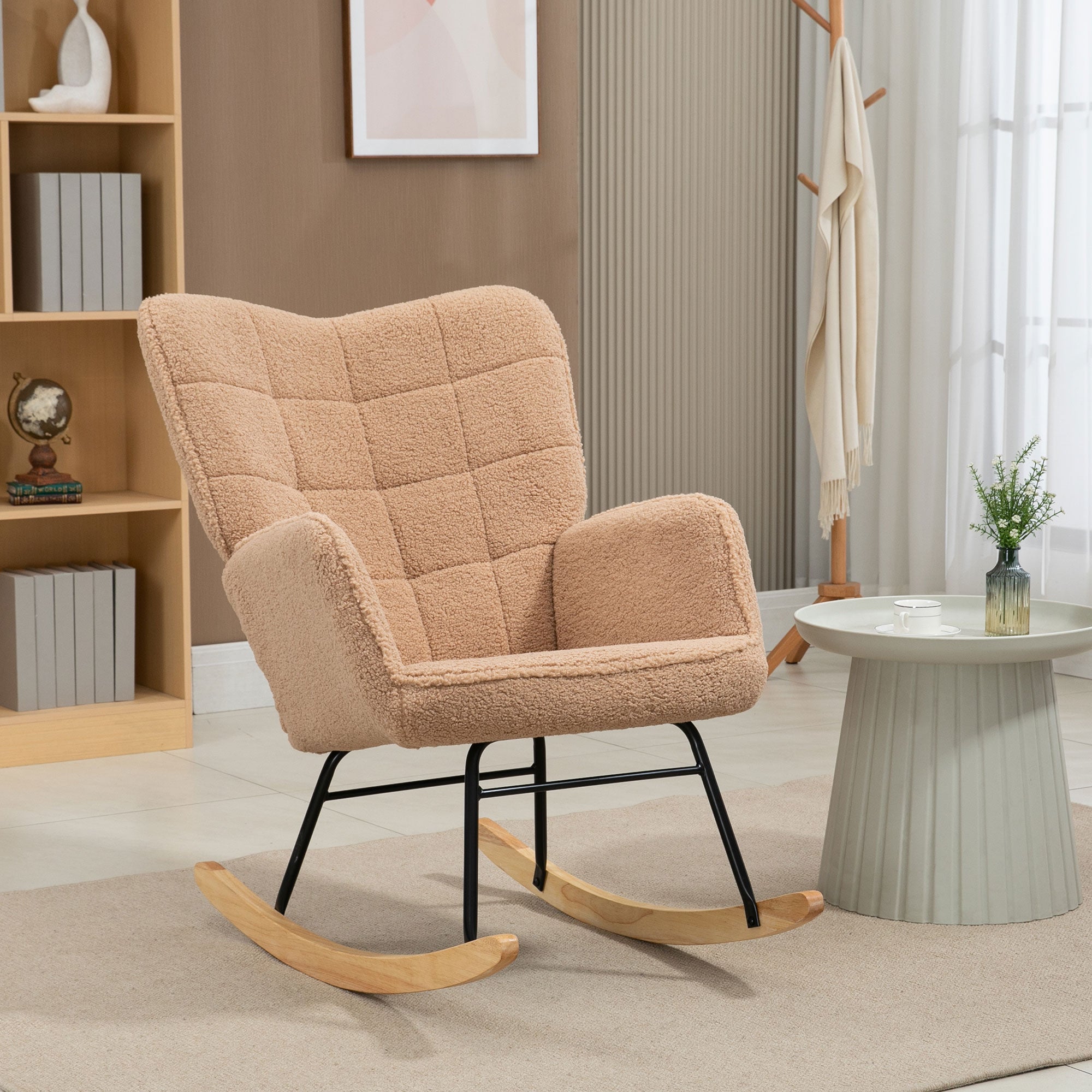 Rocking Chair, Rocking Armchair with Berber Fleece Look, Armrest, Padded Chair with Wooden Rockers, Recliner for Living Room, Bedroom, up to 120kg Capacity, Brown