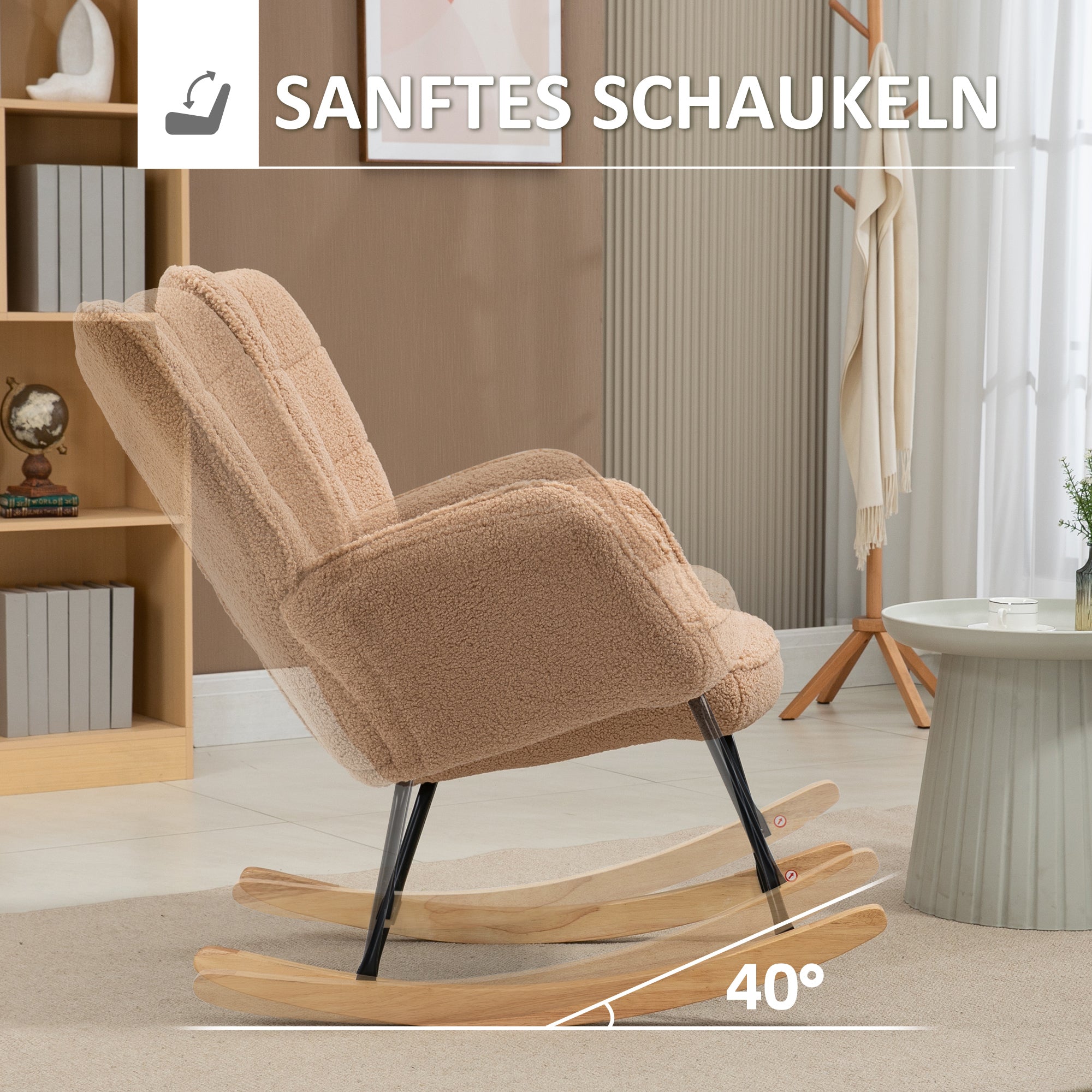 Rocking Chair, Rocking Armchair with Berber Fleece Look, Armrest, Padded Chair with Wooden Rockers, Recliner for Living Room, Bedroom, up to 120kg Capacity, Brown