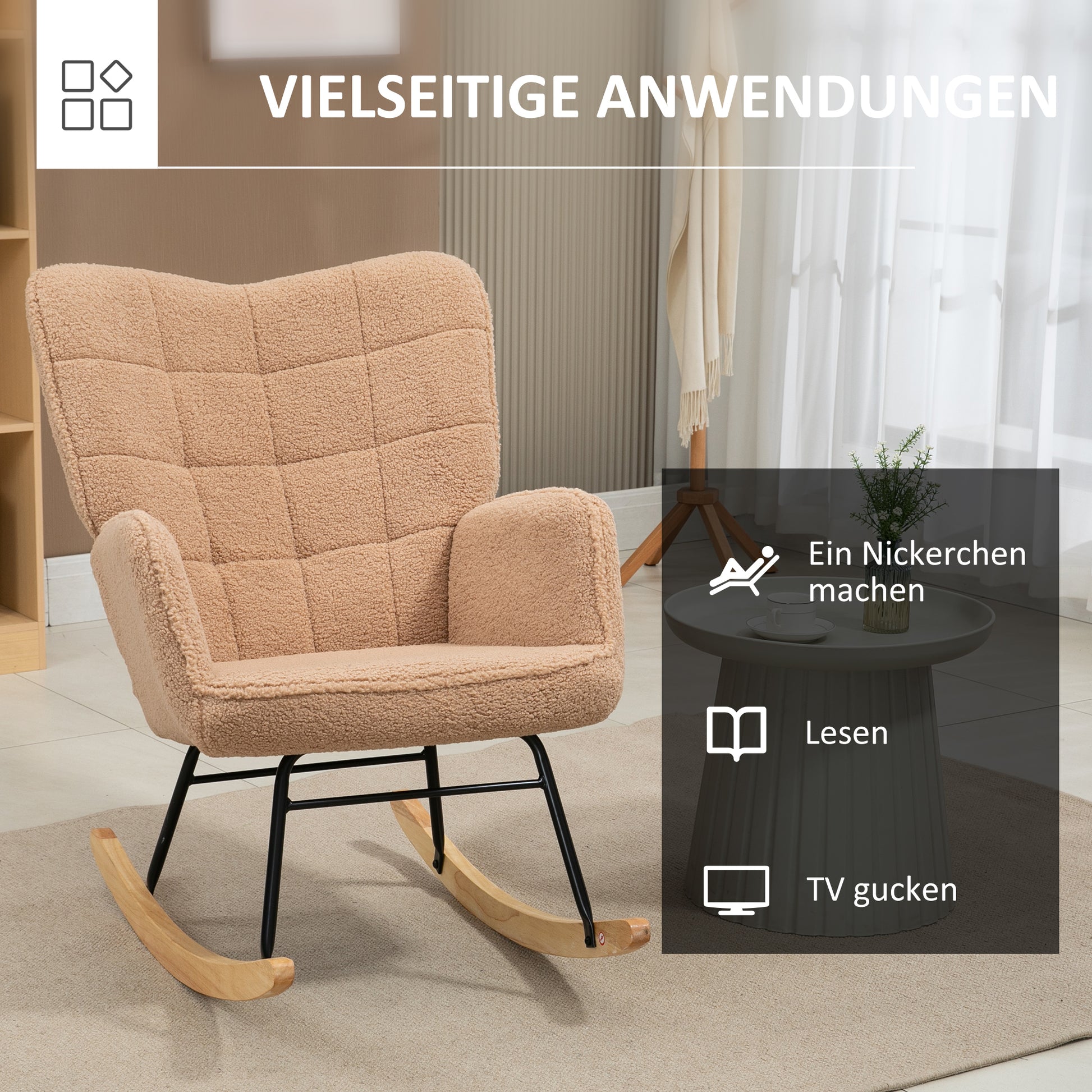 Schaukelstuhl, Schaukelsessel mit Berbervliesoptik, Armlehne, Gepolsterter Sessel mit Holzkufen, Relaxsessel für Wohnzimmer, Schlafzimmer, bis 120kg belastbar, Braun