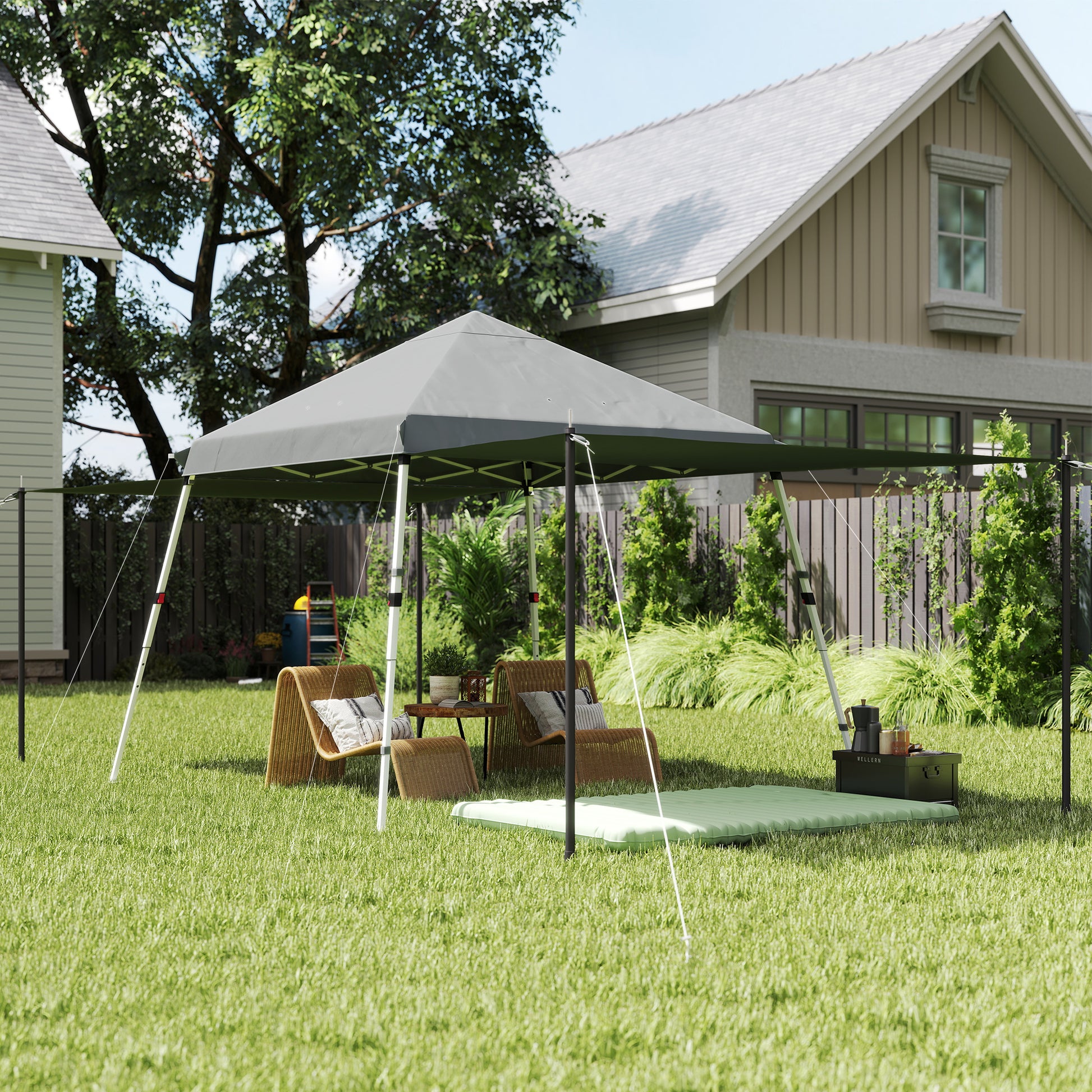 3x3m Garden Gazebo, Pop-Up Foldable Tent, Extra Side Awnings, Adjustable Inclined Feet, Wheeled Carry Bag, Light Grey
