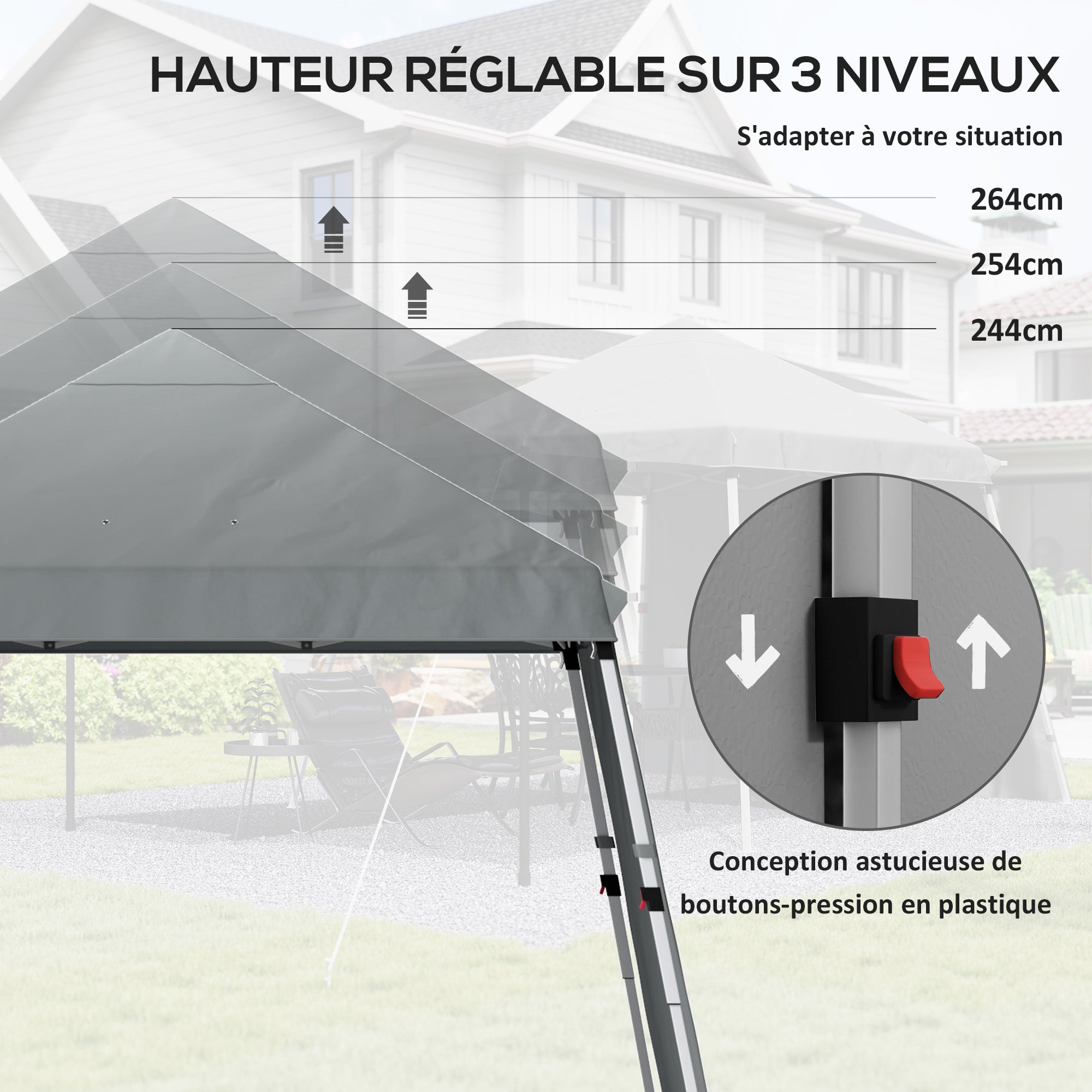 3x3m Garden Gazebo, Pop-Up Foldable Tent, Extra Side Awnings, Adjustable Inclined Feet, Wheeled Carry Bag, Light Grey