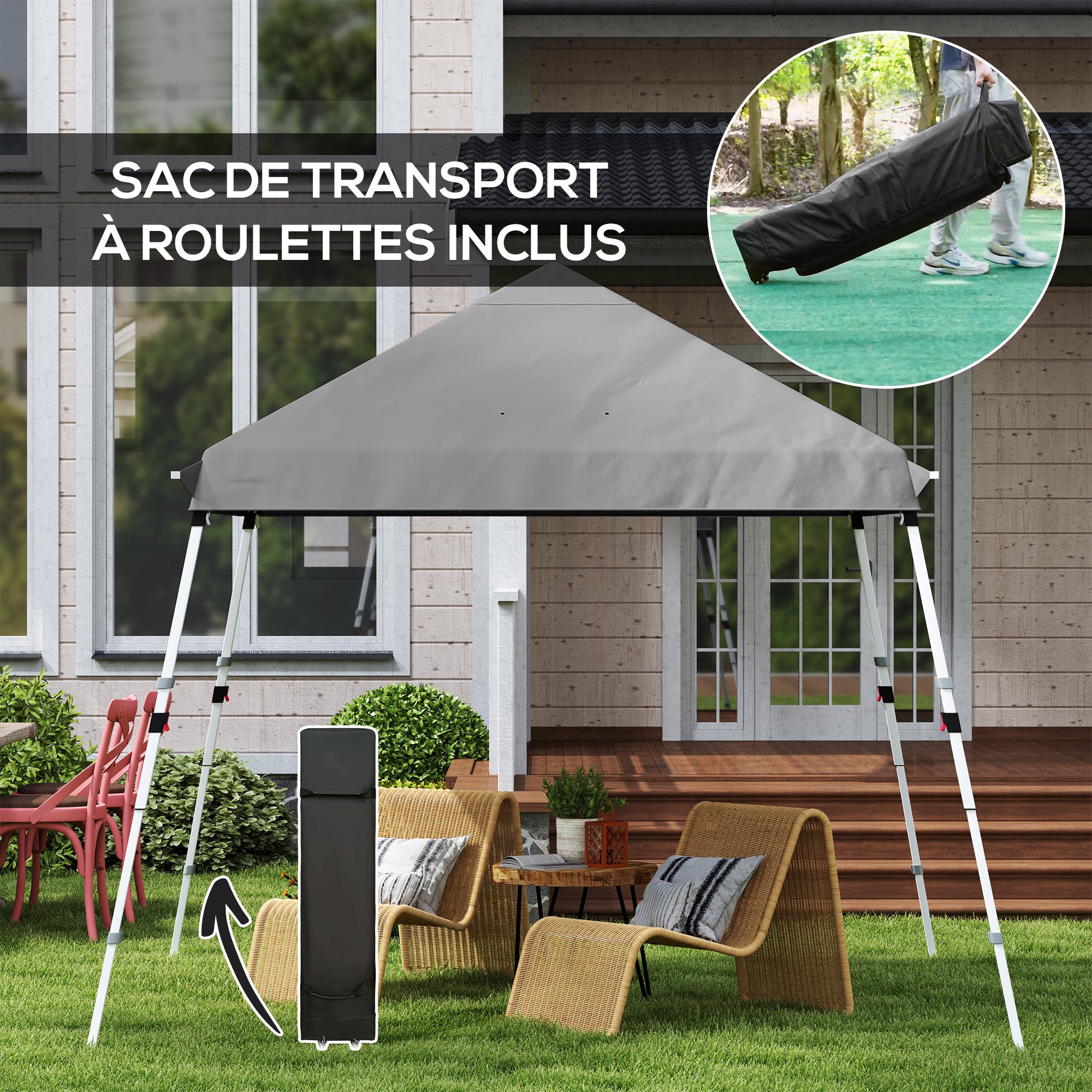 3x3m Garden Gazebo, Pop-Up Foldable Tent, Extra Side Awnings, Adjustable Inclined Feet, Wheeled Carry Bag, Light Grey