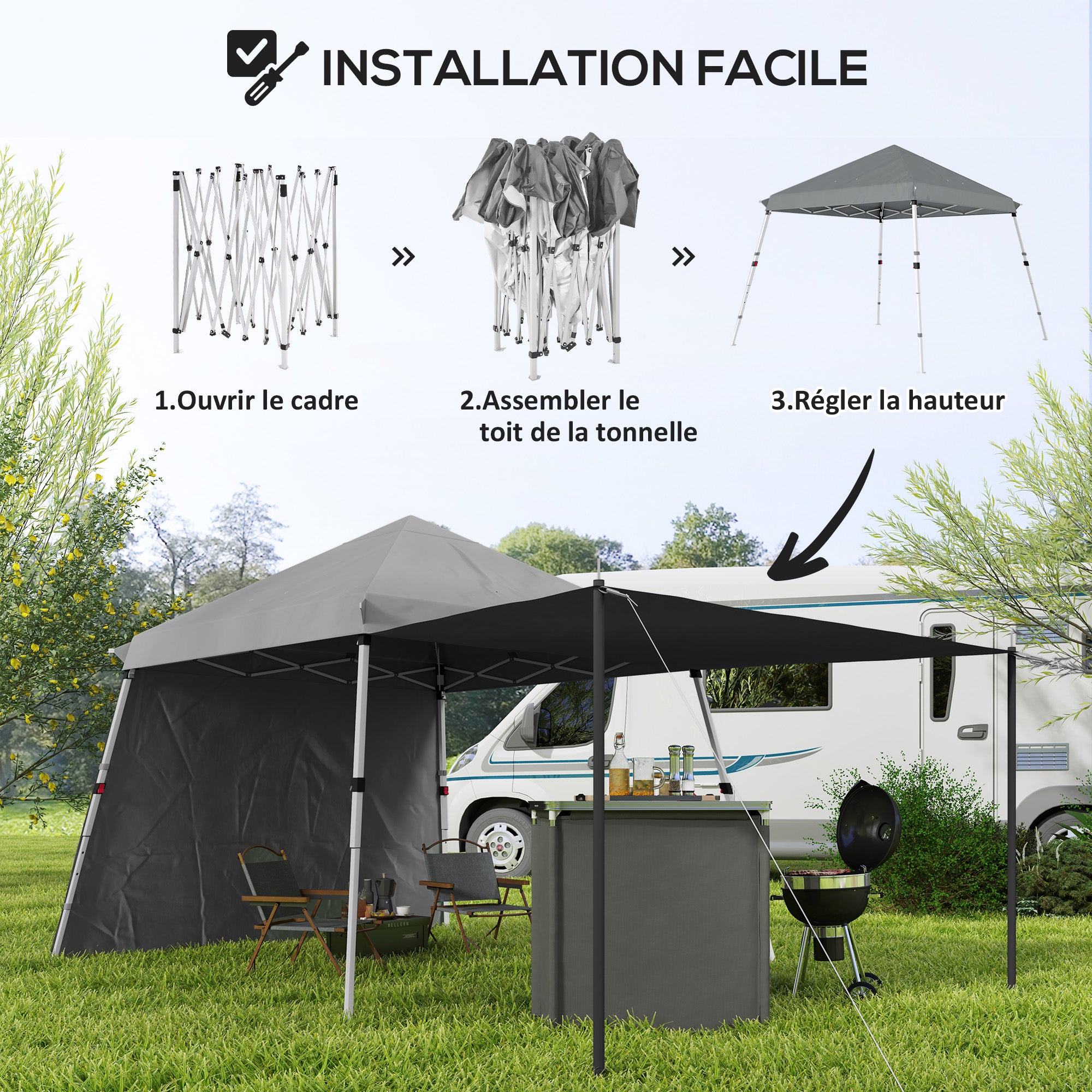 3x3m Garden Gazebo, Pop-Up Foldable Tent, Extra Side Awnings, Adjustable Inclined Feet, Wheeled Carry Bag, Light Grey