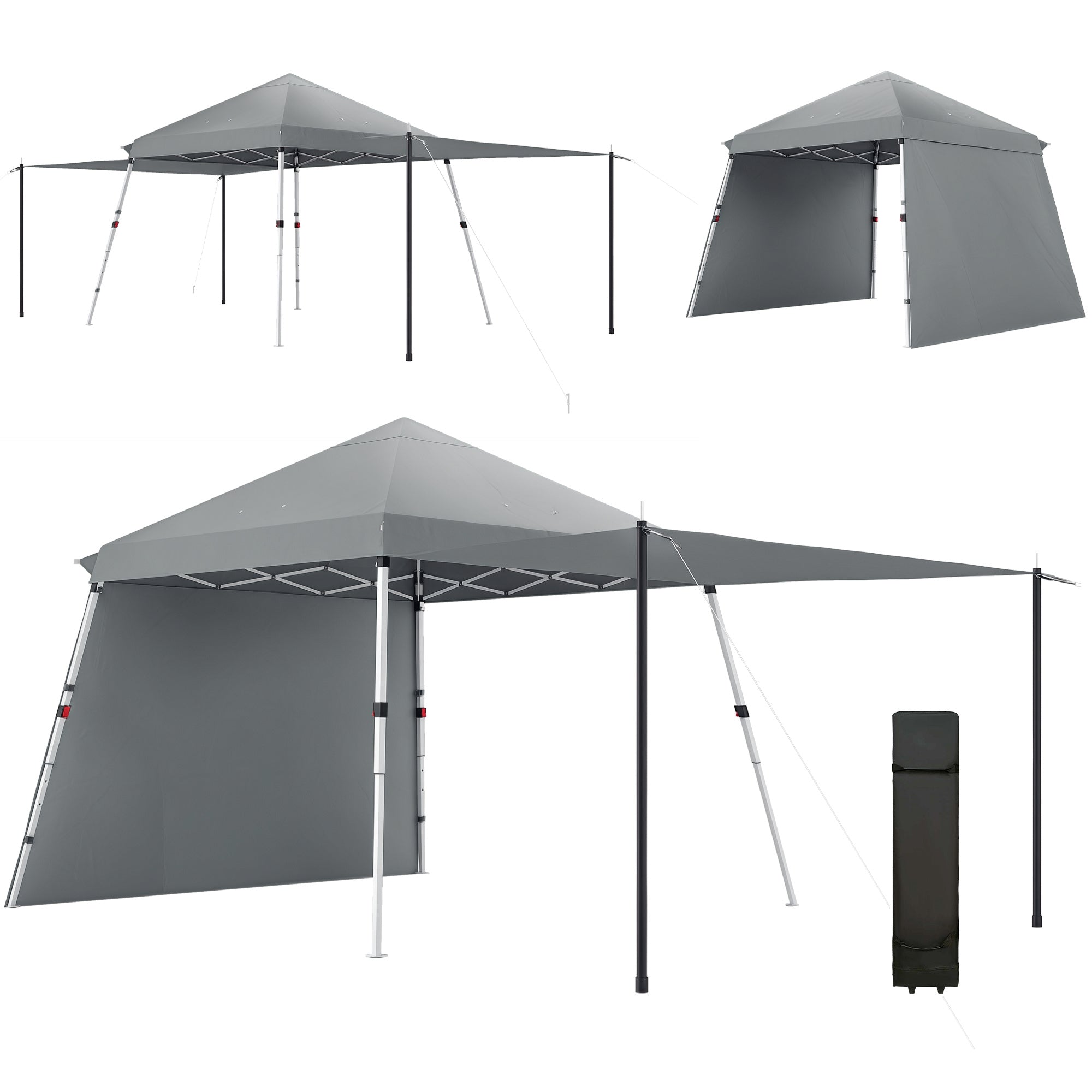 3x3m Garden Gazebo, Pop-Up Foldable Tent, Extra Side Awnings, Adjustable Inclined Feet, Wheeled Carry Bag, Light Grey