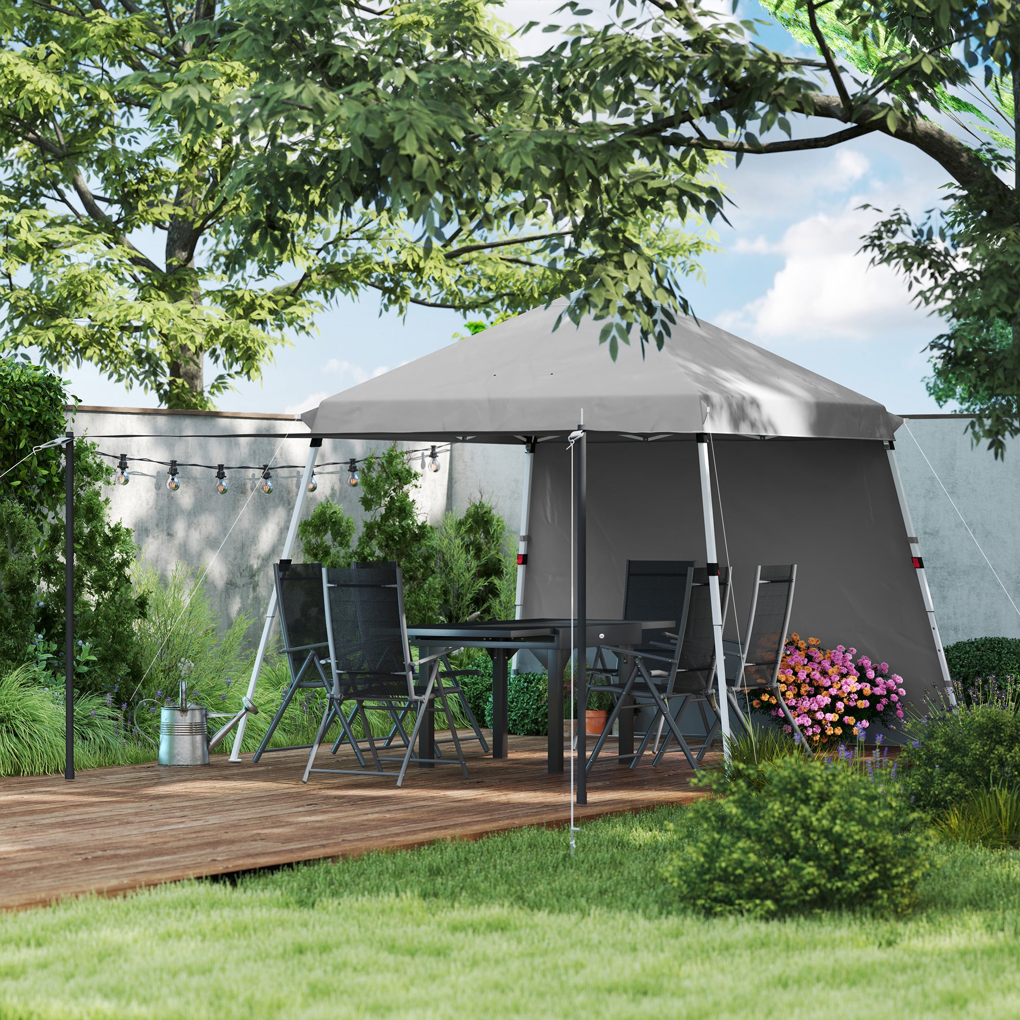 3x3m Garden Gazebo, Pop-Up Foldable Tent, Extra Side Awnings, Adjustable Inclined Feet, Wheeled Carry Bag, Light Grey