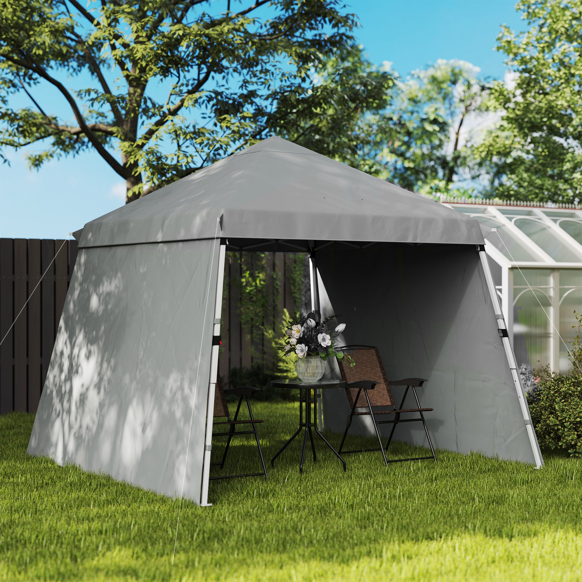 3x3m Garden Gazebo, Pop-Up Foldable Tent, Extra Side Awnings, Adjustable Inclined Feet, Wheeled Carry Bag, Light Grey