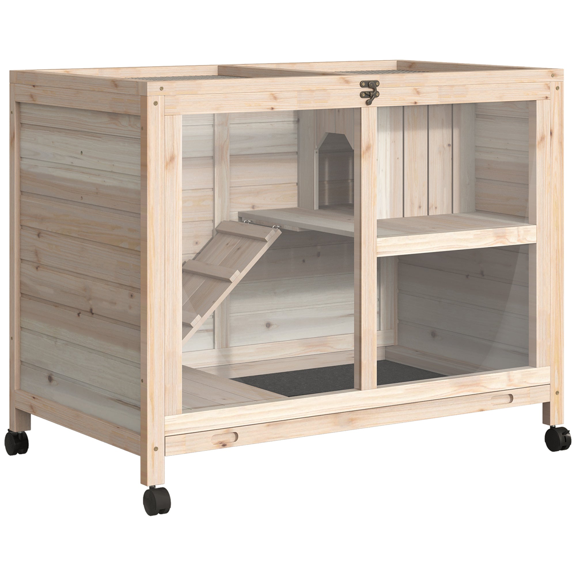 Rabbit Hutch made of Wood Bunny Cage with 2 Levels Playpen Wheels Folding Roof Ramp Tray, Winterproof Guinea Pig Hutch Small Animal Hutch Rabbit Cage for Indoor, 91.5 x 53.3 x 73 cm Natural