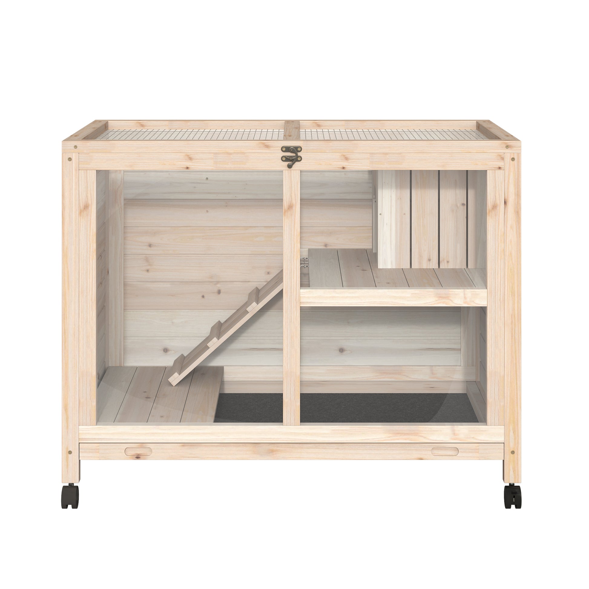 Rabbit Hutch made of Wood Bunny Cage with 2 Levels Playpen Wheels Folding Roof Ramp Tray, Winterproof Guinea Pig Hutch Small Animal Hutch Rabbit Cage for Indoor, 91.5 x 53.3 x 73 cm Natural