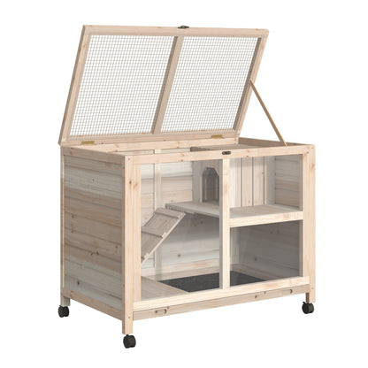 Rabbit Hutch made of Wood Bunny Cage with 2 Levels Playpen Wheels Folding Roof Ramp Tray, Winterproof Guinea Pig Hutch Small Animal Hutch Rabbit Cage for Indoor, 91.5 x 53.3 x 73 cm Natural