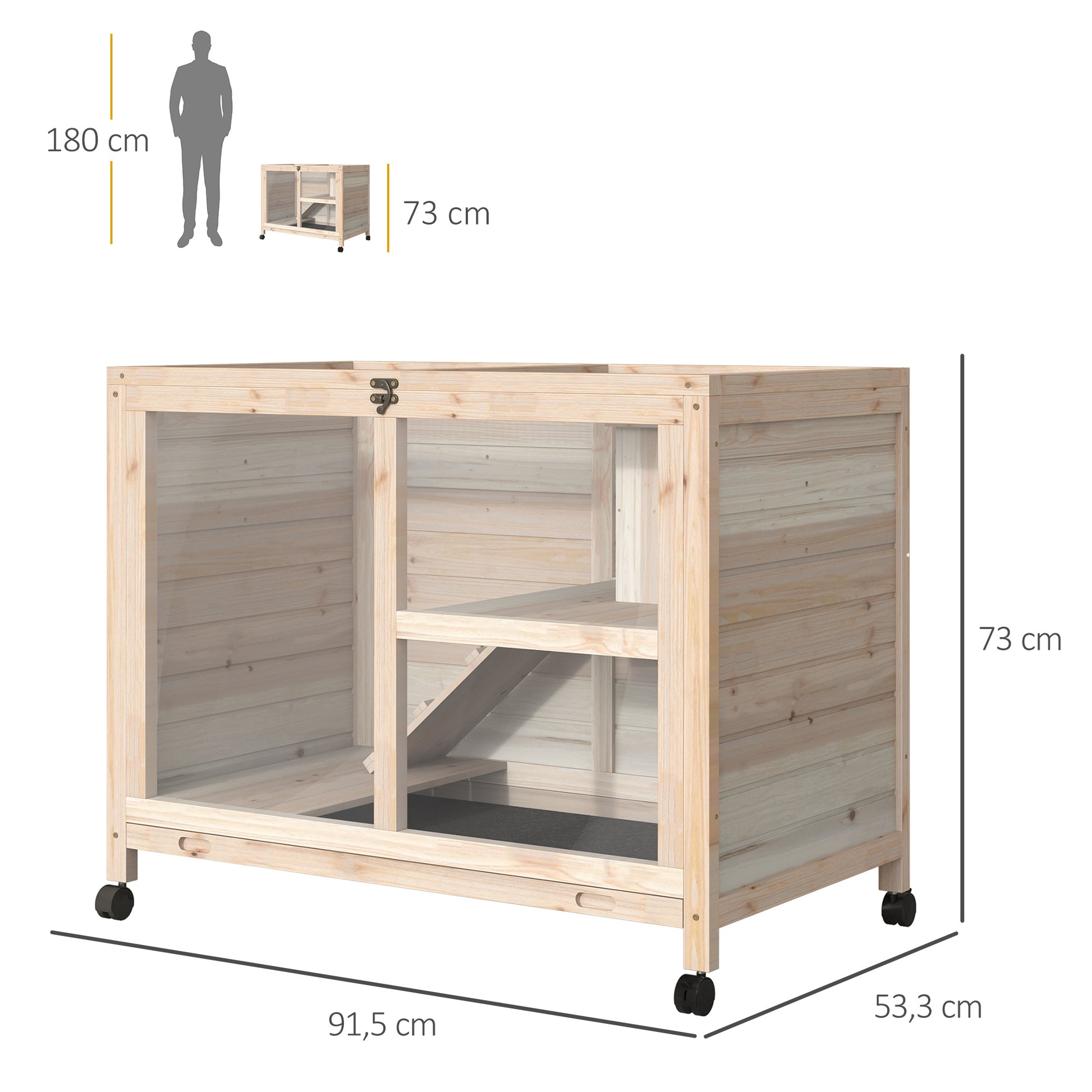 Rabbit Hutch made of Wood Bunny Cage with 2 Levels Playpen Wheels Folding Roof Ramp Tray, Winterproof Guinea Pig Hutch Small Animal Hutch Rabbit Cage for Indoor, 91.5 x 53.3 x 73 cm Natural