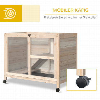 Rabbit Hutch made of Wood Bunny Cage with 2 Levels Playpen Wheels Folding Roof Ramp Tray, Winterproof Guinea Pig Hutch Small Animal Hutch Rabbit Cage for Indoor, 91.5 x 53.3 x 73 cm Natural