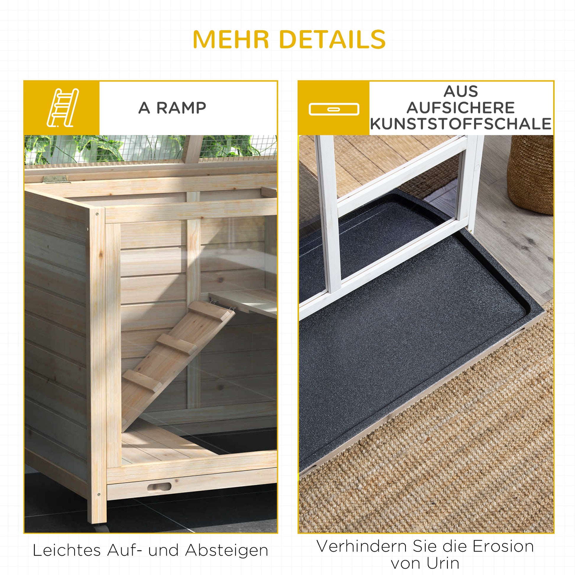 Rabbit Hutch made of Wood Bunny Cage with 2 Levels Playpen Wheels Folding Roof Ramp Tray, Winterproof Guinea Pig Hutch Small Animal Hutch Rabbit Cage for Indoor, 91.5 x 53.3 x 73 cm Natural