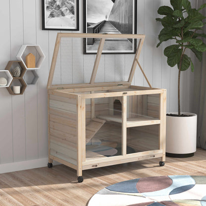 Rabbit Hutch made of Wood Bunny Cage with 2 Levels Playpen Wheels Folding Roof Ramp Tray, Winterproof Guinea Pig Hutch Small Animal Hutch Rabbit Cage for Indoor, 91.5 x 53.3 x 73 cm Natural