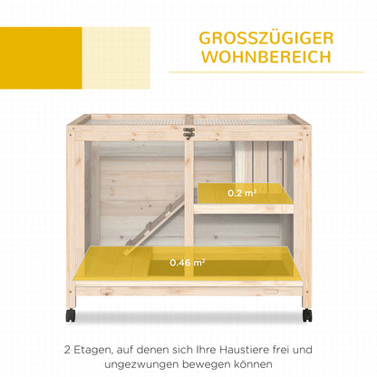 Rabbit Hutch made of Wood Bunny Cage with 2 Levels Playpen Wheels Folding Roof Ramp Tray, Winterproof Guinea Pig Hutch Small Animal Hutch Rabbit Cage for Indoor, 91.5 x 53.3 x 73 cm Natural
