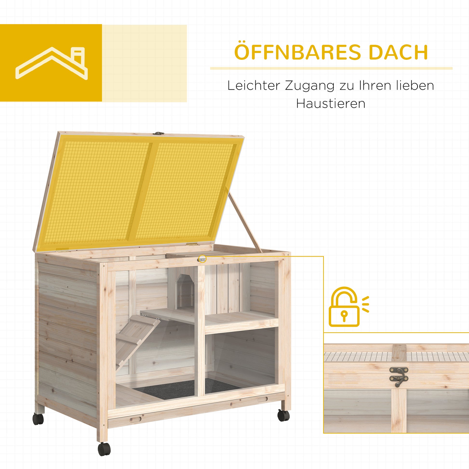 Rabbit Hutch made of Wood Bunny Cage with 2 Levels Playpen Wheels Folding Roof Ramp Tray, Winterproof Guinea Pig Hutch Small Animal Hutch Rabbit Cage for Indoor, 91.5 x 53.3 x 73 cm Natural