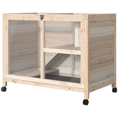 Rabbit Hutch made of Wood Bunny Cage with 2 Levels Playpen Wheels Folding Roof Ramp Tray, Winterproof Guinea Pig Hutch Small Animal Hutch Rabbit Cage for Indoor, 91.5 x 53.3 x 73 cm Natural