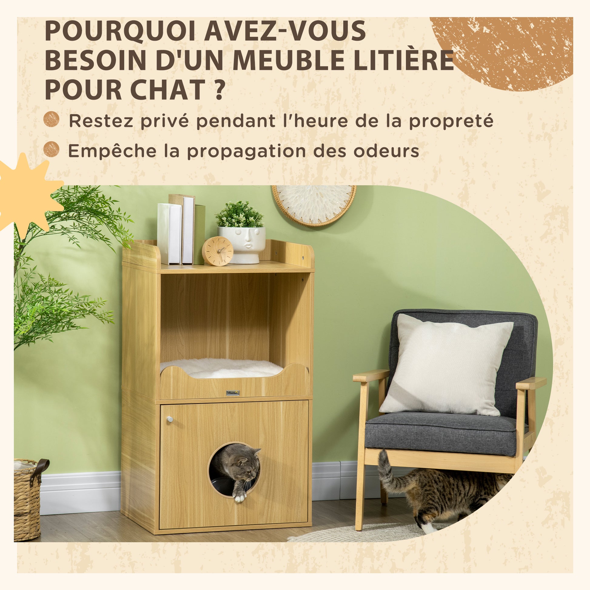 Cat Litter Box House, Cat Litter Cabinet, 3 Levels, Compartment Closed by a Door, 1 Cushion, 60 x 45 x 103 cm