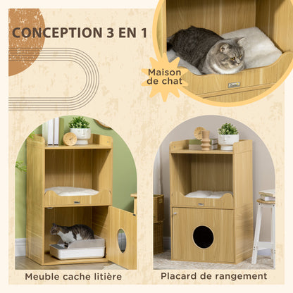 Cat Litter Box House, Cat Litter Cabinet, 3 Levels, Compartment Closed by a Door, 1 Cushion, 60 x 45 x 103 cm
