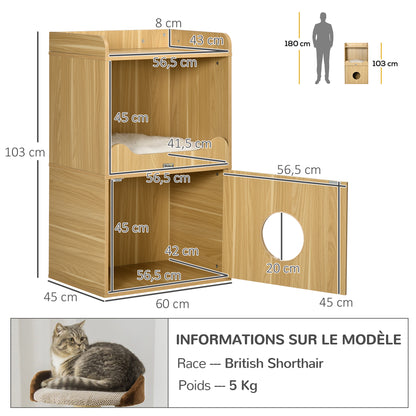 Cat Litter Box House, Cat Litter Cabinet, 3 Levels, Compartment Closed by a Door, 1 Cushion, 60 x 45 x 103 cm