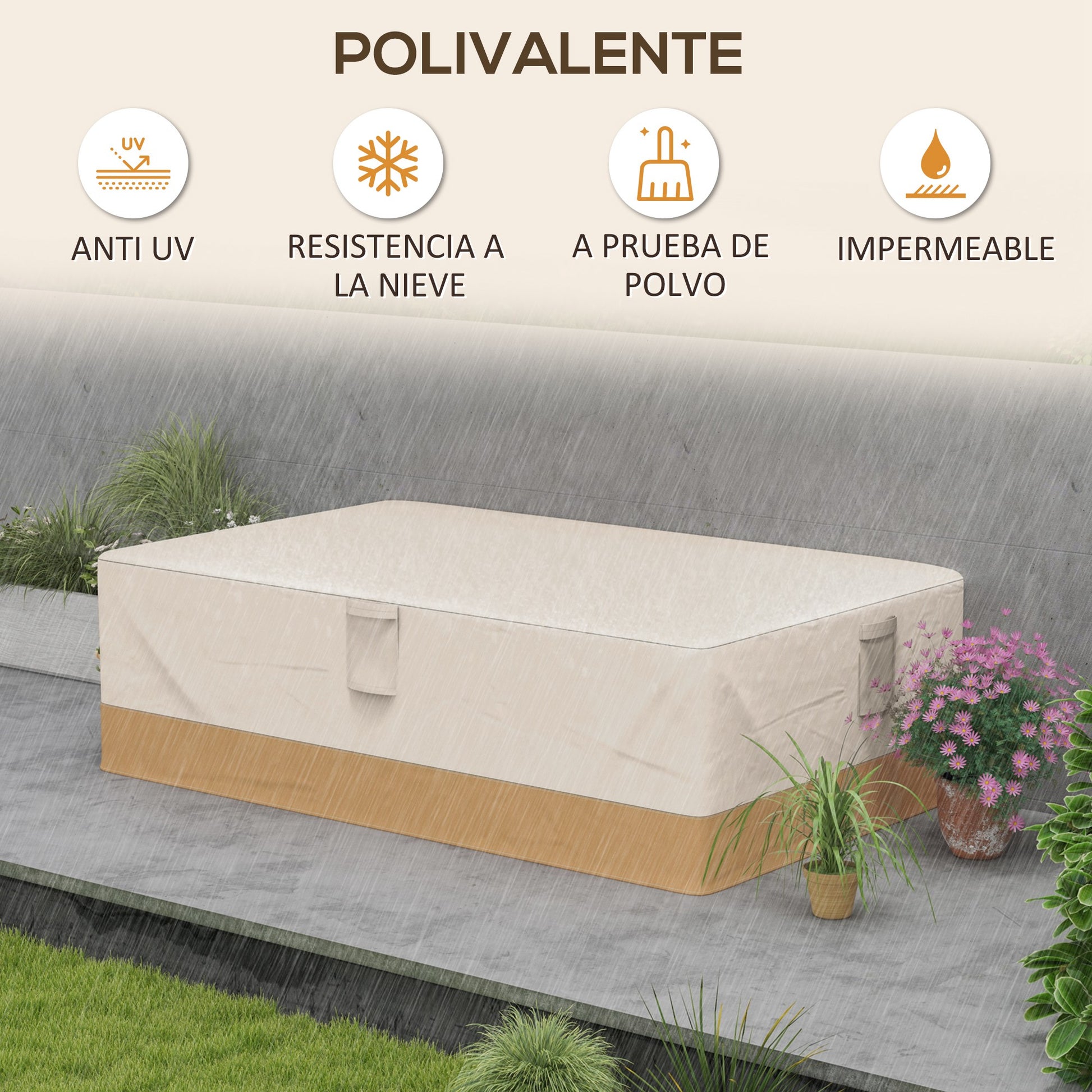 Garden Furniture Cover 275x208x78 Oxford 600D Waterproof Sofa Table Cover with 4 Ventilations 5 Handles and Beige Drawstring