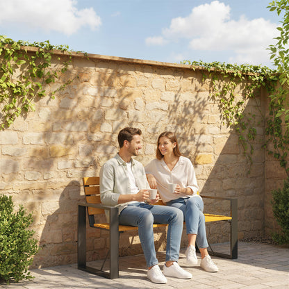 2-Seater Weatherproof Wood Slatted Garden Bench with Armrests — 136 x 54 x 82 cm (Natural Wood)