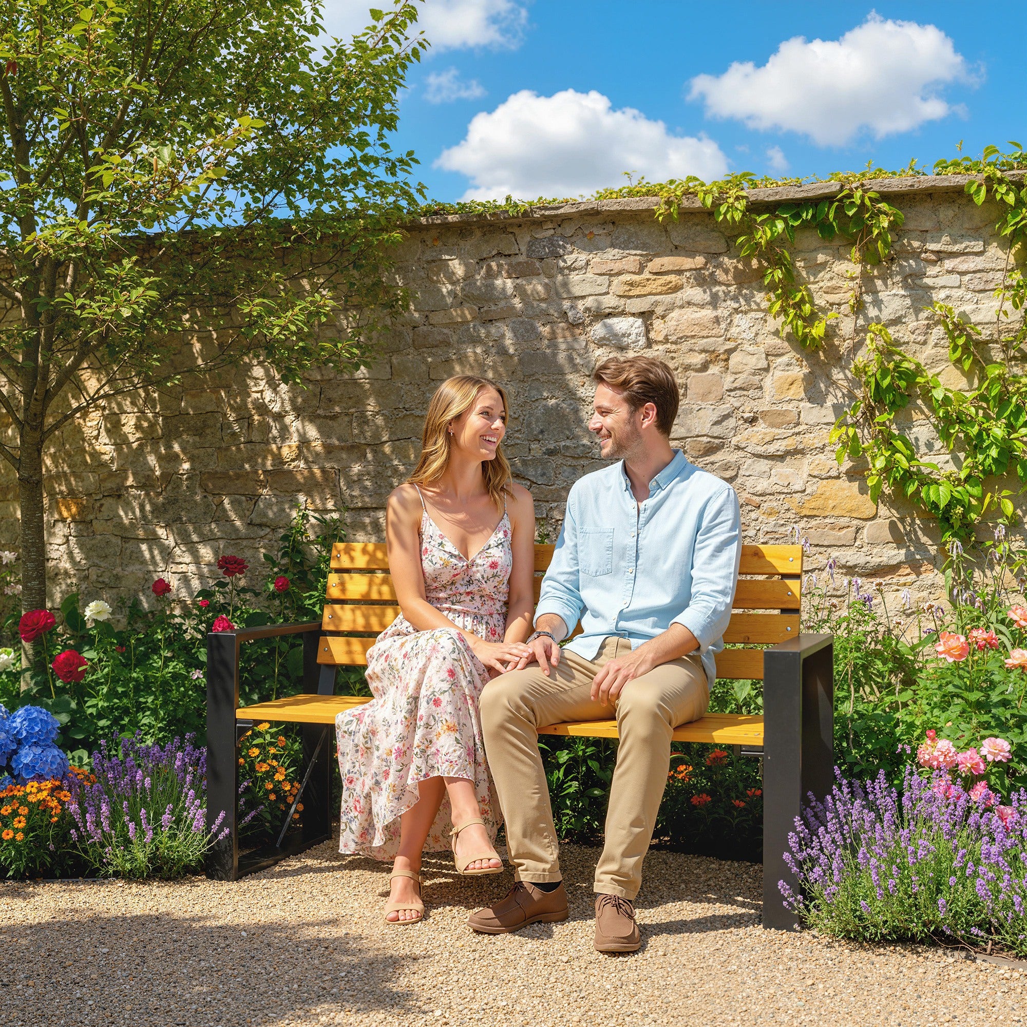 2-Seater Weatherproof Wood Slatted Garden Bench with Armrests — 136 x 54 x 82 cm (Natural Wood)