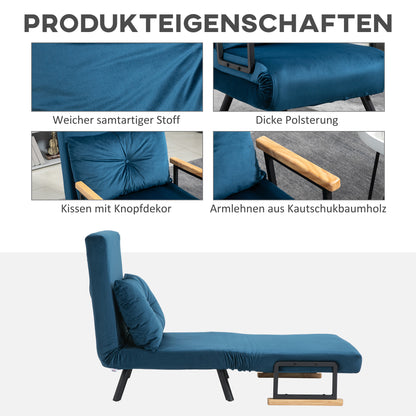 Sleeper Chair, Folding Bed with Bed Function, Recliner Chair with Back Pillow, Upholstered Sofa with Adjustable Backrest, Velvet Look, 63 x 73 x 81 cm, Blue