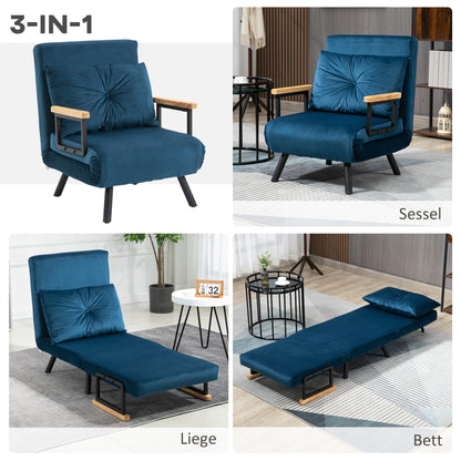 Sleeper Chair, Folding Bed with Bed Function, Recliner Chair with Back Pillow, Upholstered Sofa with Adjustable Backrest, Velvet Look, 63 x 73 x 81 cm, Blue