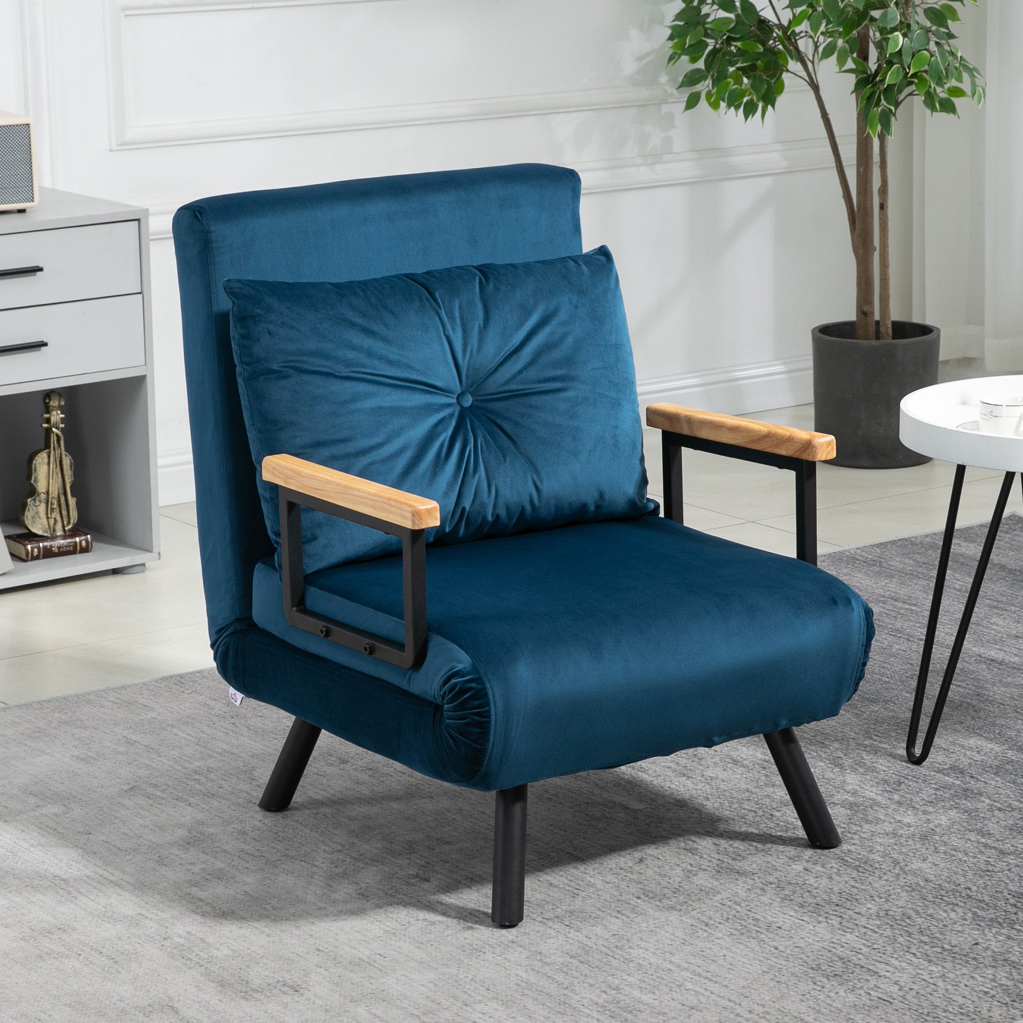 Sleeper Chair, Folding Bed with Bed Function, Recliner Chair with Back Pillow, Upholstered Sofa with Adjustable Backrest, Velvet Look, 63 x 73 x 81 cm, Blue