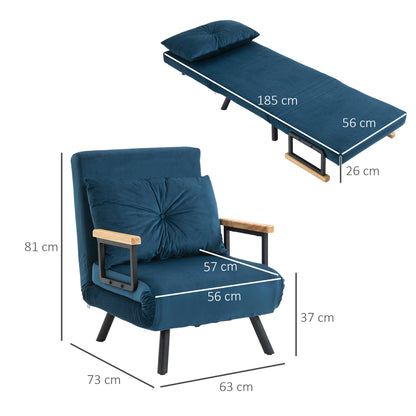 Sleeper Chair, Folding Bed with Bed Function, Recliner Chair with Back Pillow, Upholstered Sofa with Adjustable Backrest, Velvet Look, 63 x 73 x 81 cm, Blue