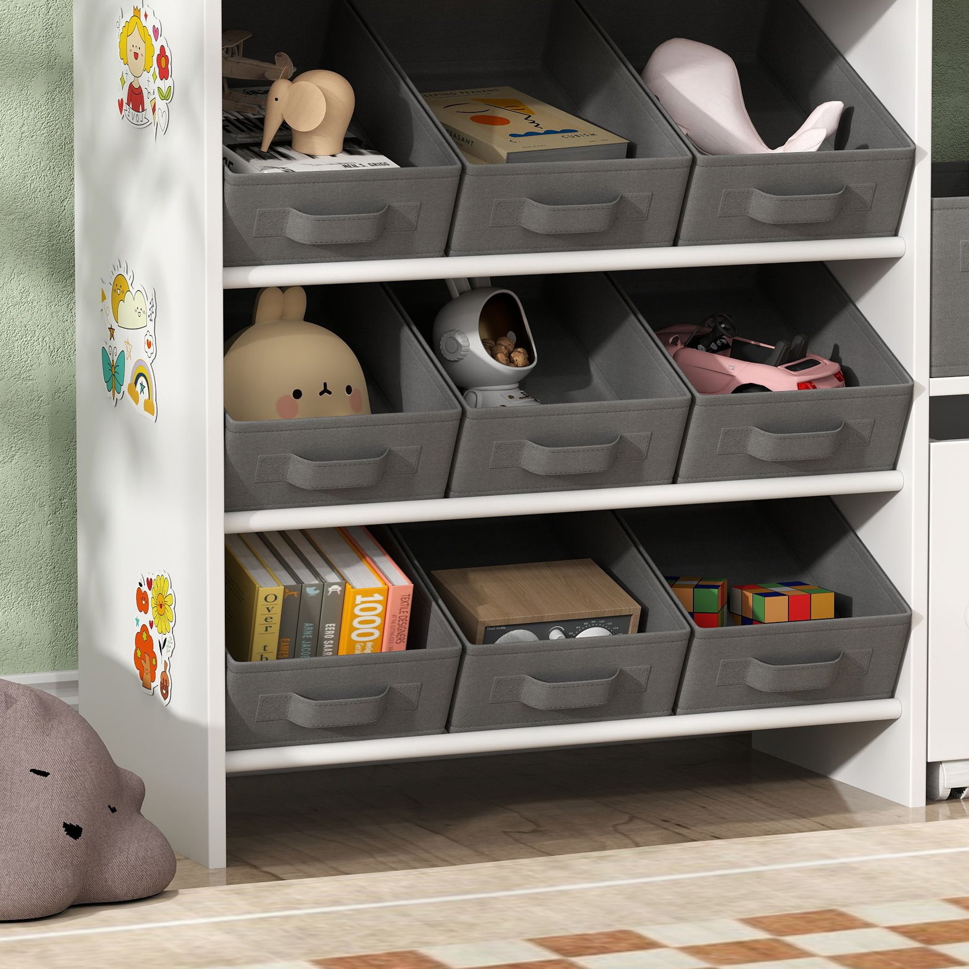 Toy Storage Shelf for Kids Children's Organizer with 11 Removable Baskets Compartments and Sticker Sheets for Nursery Playroom 105x30x80 cm White